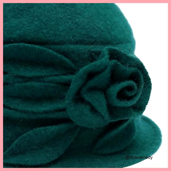 Wool Blend Vintage Winter Cloche Bucket Hat with Flower Accent